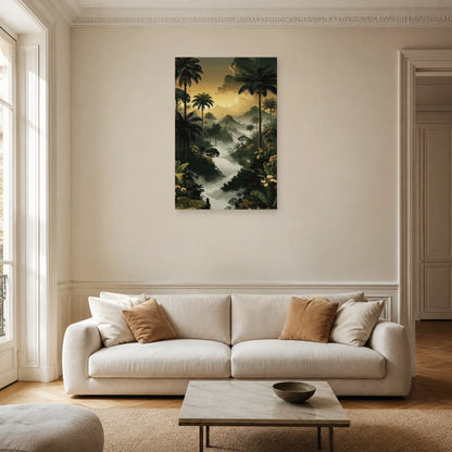 Tableau Jungle Palmiers Brume dans un salon contemporain