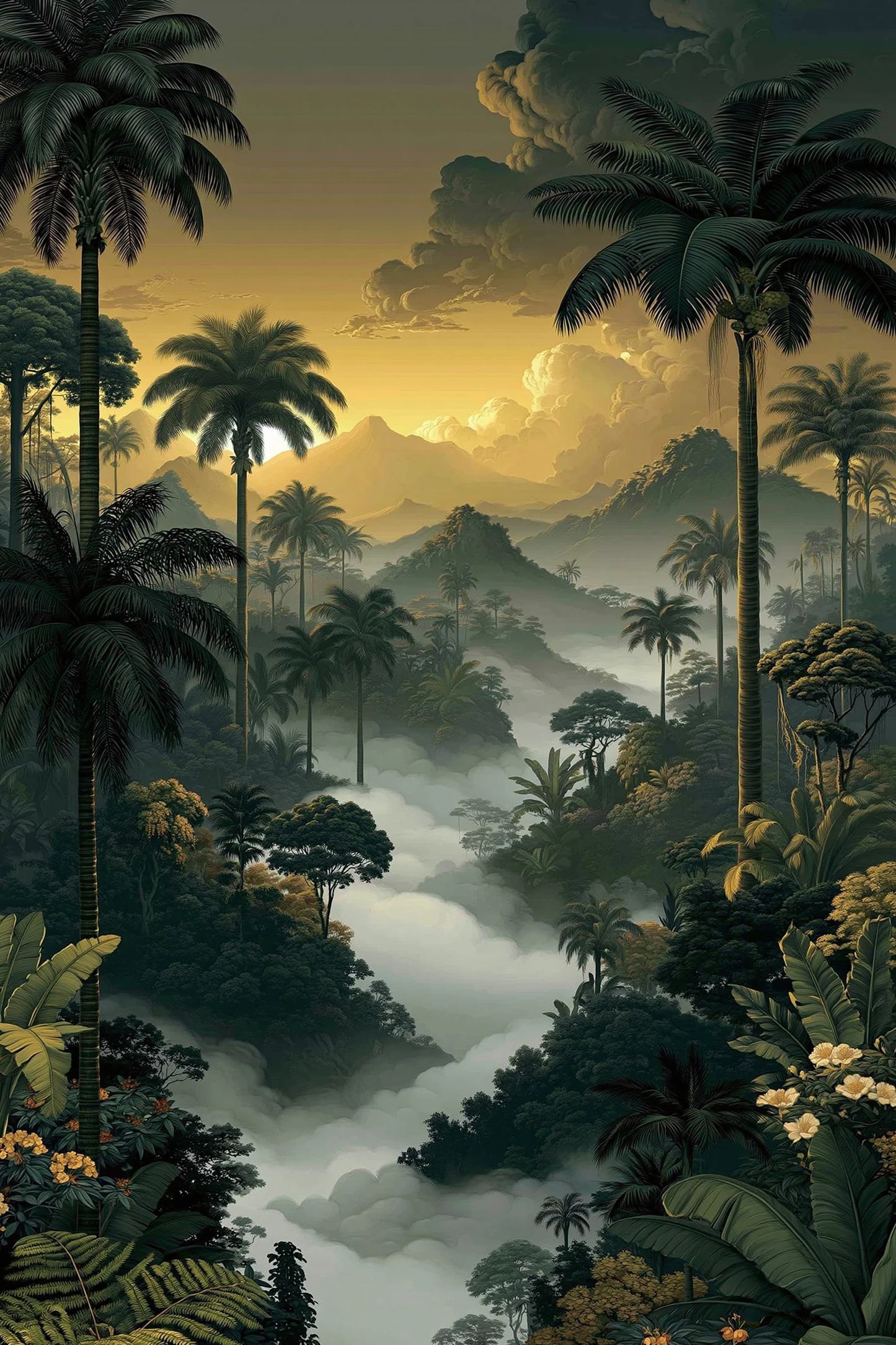 Tableau Jungle Palmiers Brume - palmiers dans une vallee tropicale brumeuse - grand format XXL