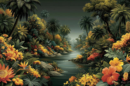 Tableau Jungle Paysage Exotique Naïf - paysage exotique naif avec riviere, palmiers et fleurs tropicales - format M