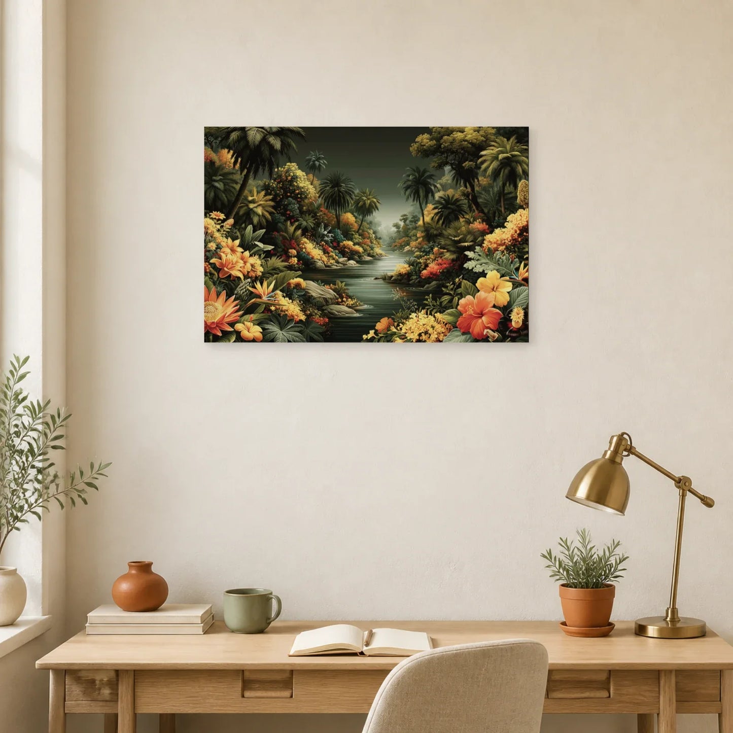 Tableau Jungle Paysage Exotique Naïf dans un bureau elegant