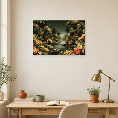 Tableau Jungle Paysage Exotique Naïf dans un bureau elegant