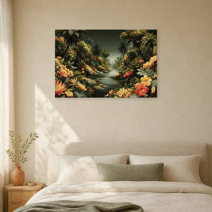 Tableau Jungle Paysage Exotique Naïf dans une chambre apaisante