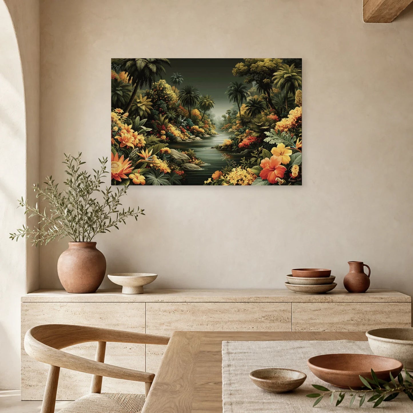 Tableau Jungle Paysage Exotique Naïf dans une salle a manger lumineuse