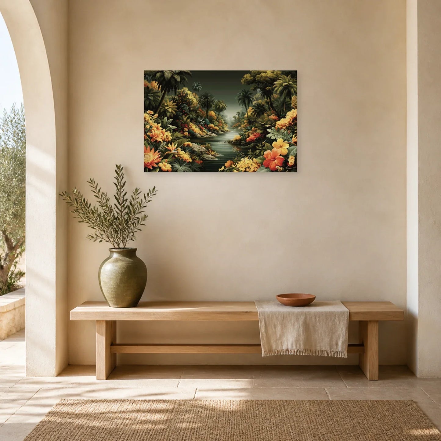 Tableau Jungle Paysage Exotique Naïf dans une entree ou un couloir decore