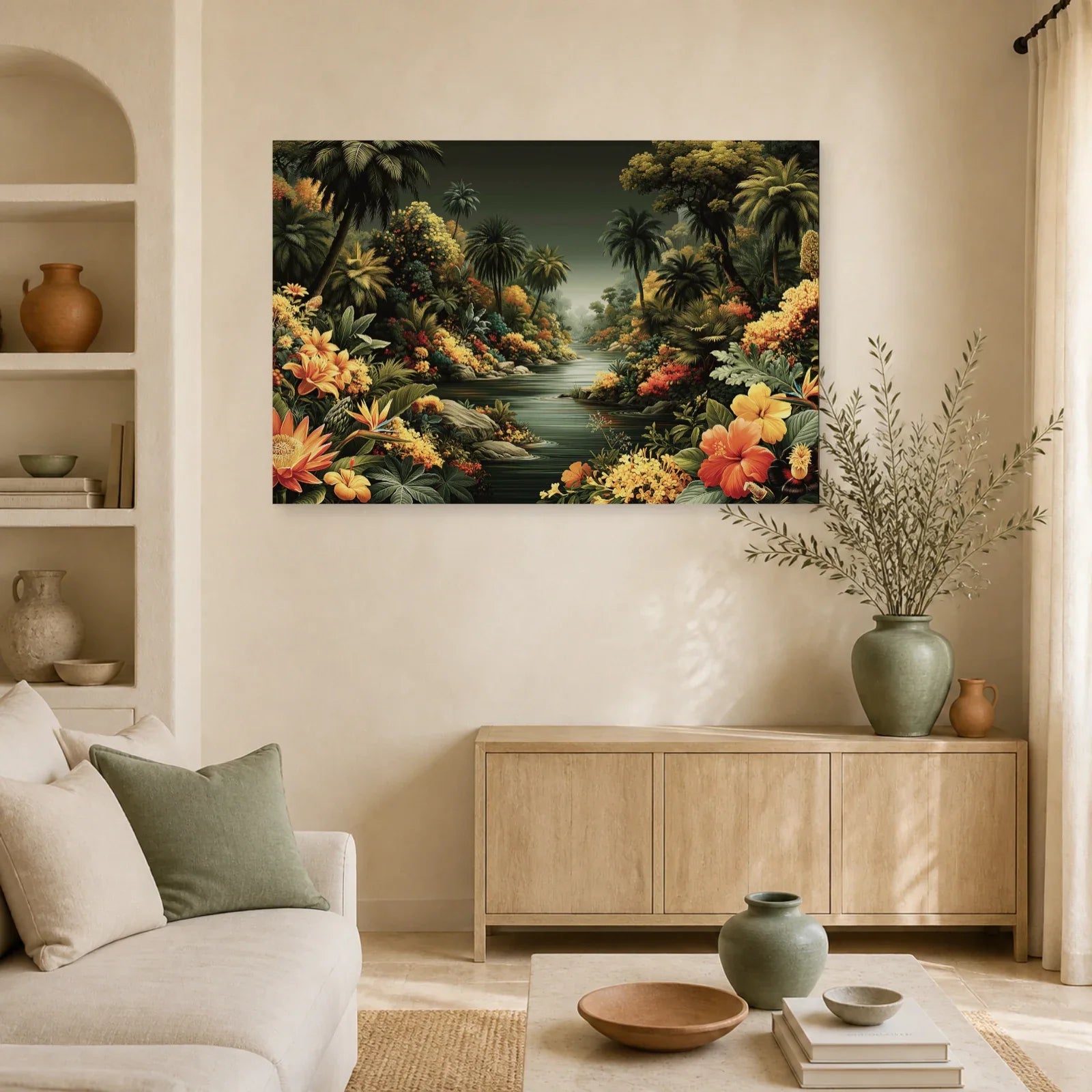 Tableau Jungle Paysage Exotique Naïf dans un salon contemporain