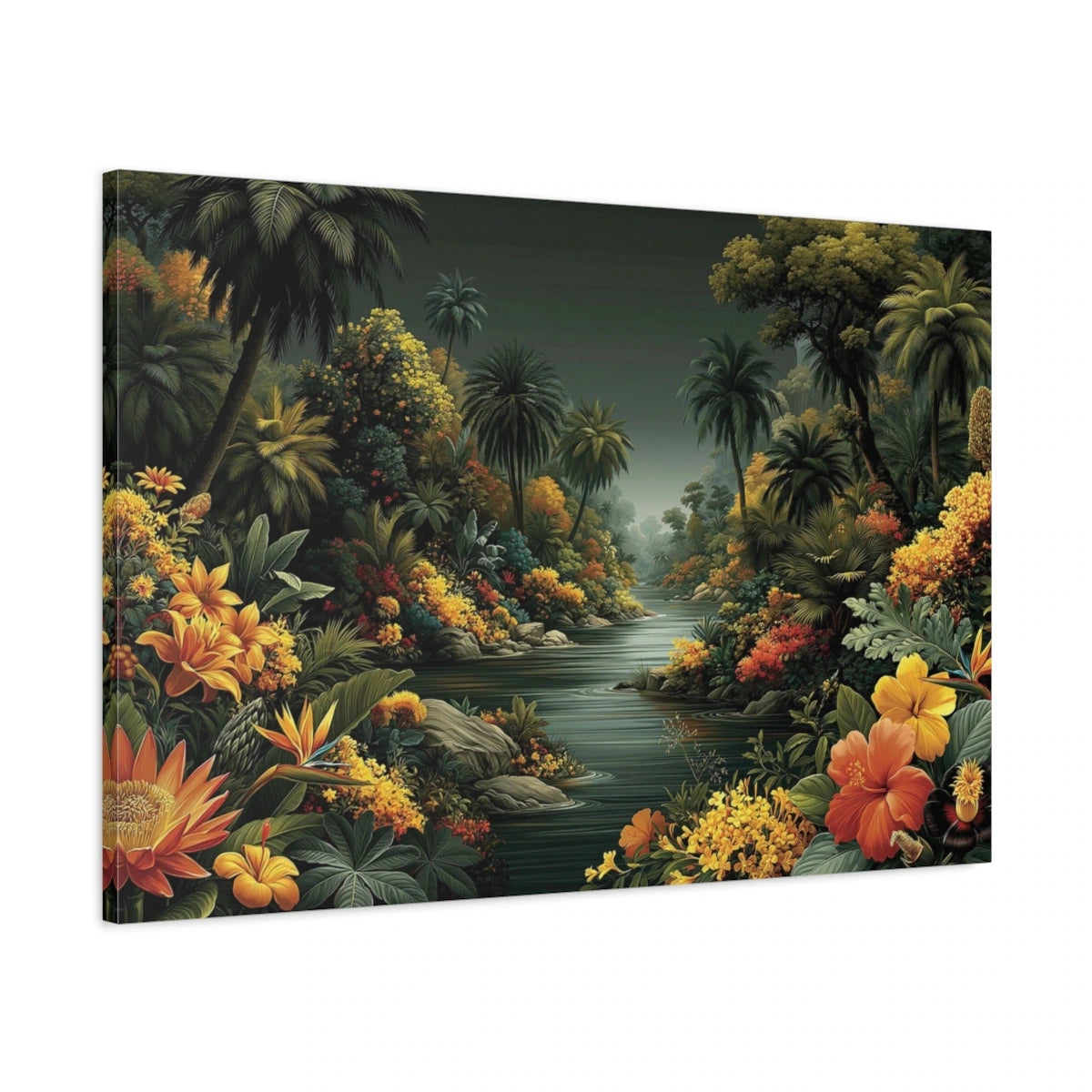 Tableau Jungle Paysage Exotique Naïf - toile 3D avec bords imprimes visibles