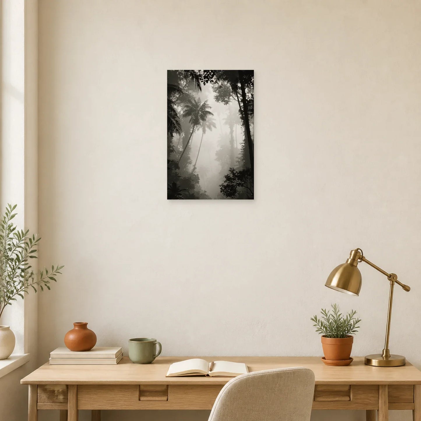 Tableau Jungle Tropicale Noir et Blanc dans un bureau elegant
