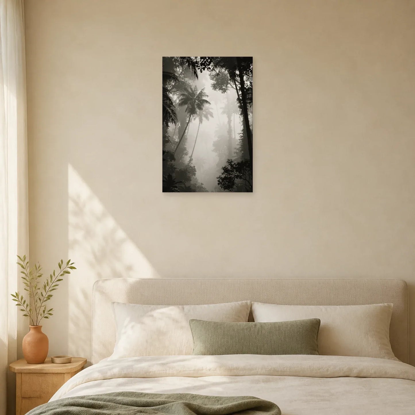 Tableau Jungle Tropicale Noir et Blanc dans une chambre apaisante