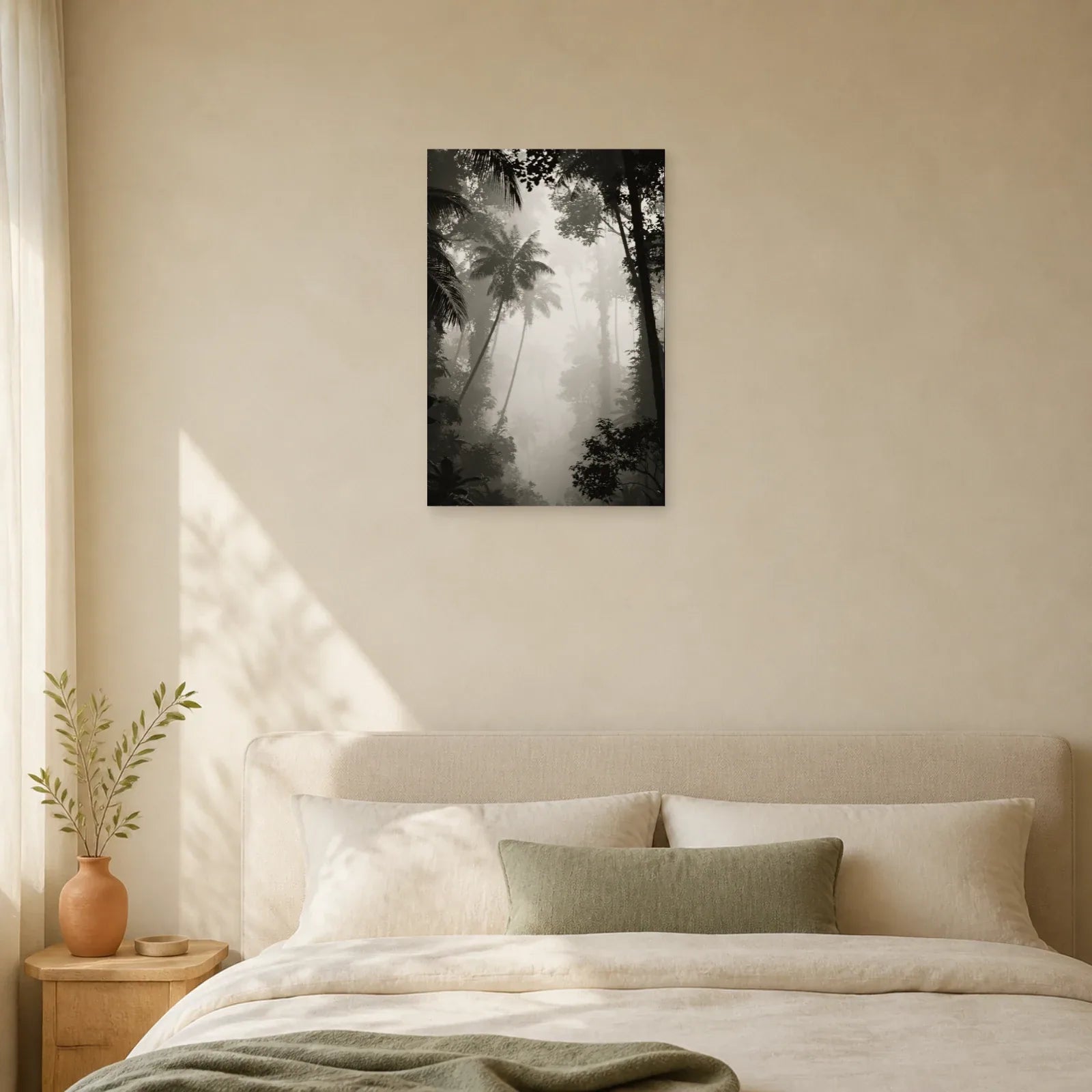 Tableau Jungle Tropicale Noir et Blanc dans une chambre apaisante