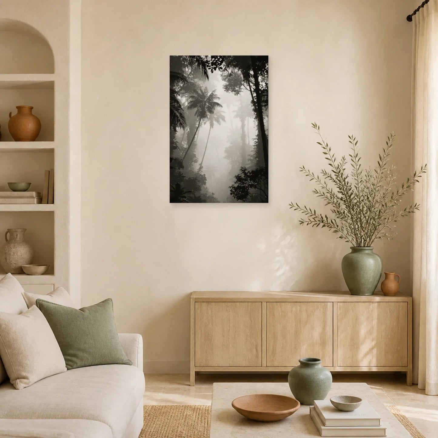 Tableau Jungle Tropicale Noir et Blanc dans un salon contemporain
