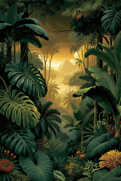 Tableau Jungle XXL Canopée - canopee tropicale verticale avec lumiere doree - format L