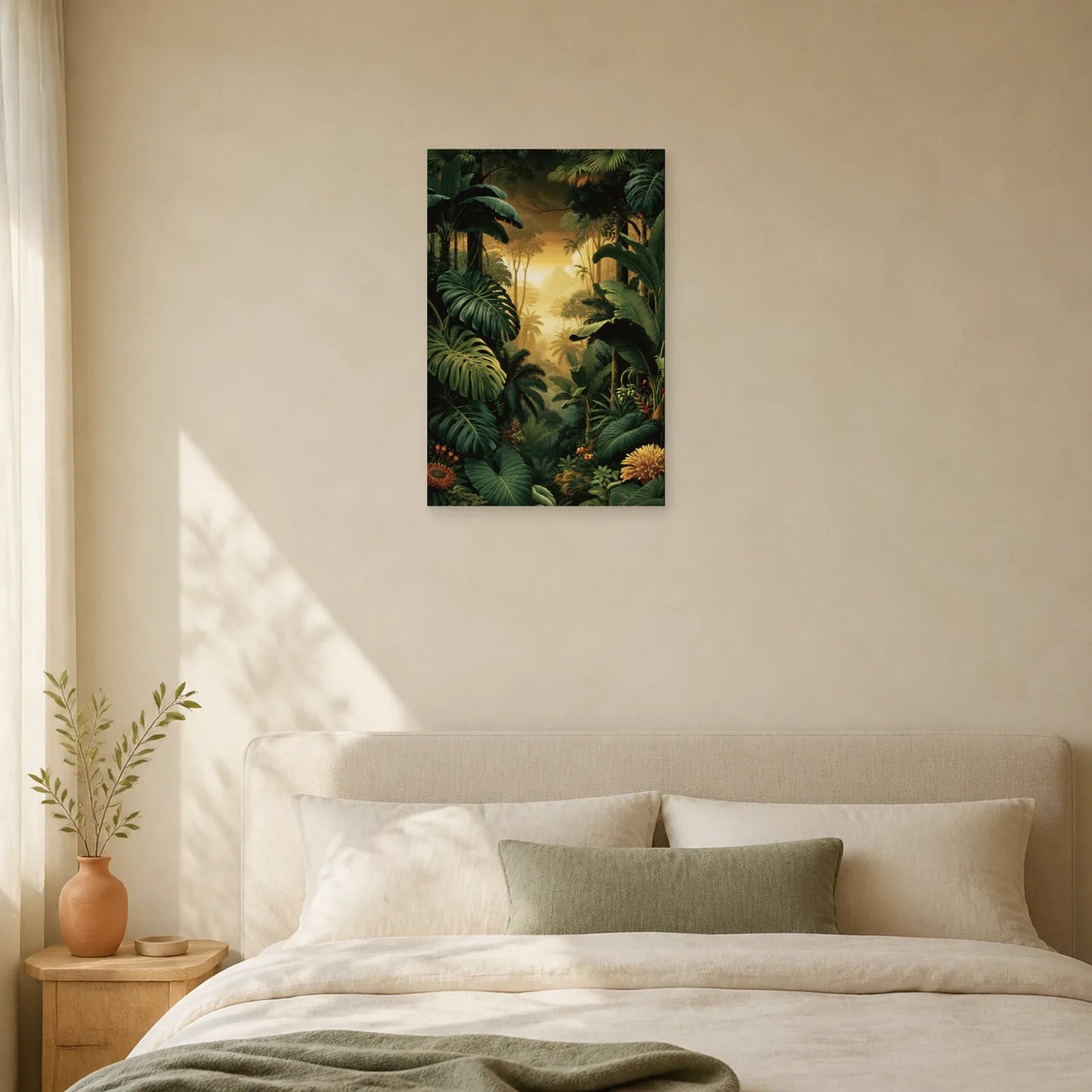 Tableau Jungle XXL Canopée dans une chambre apaisante