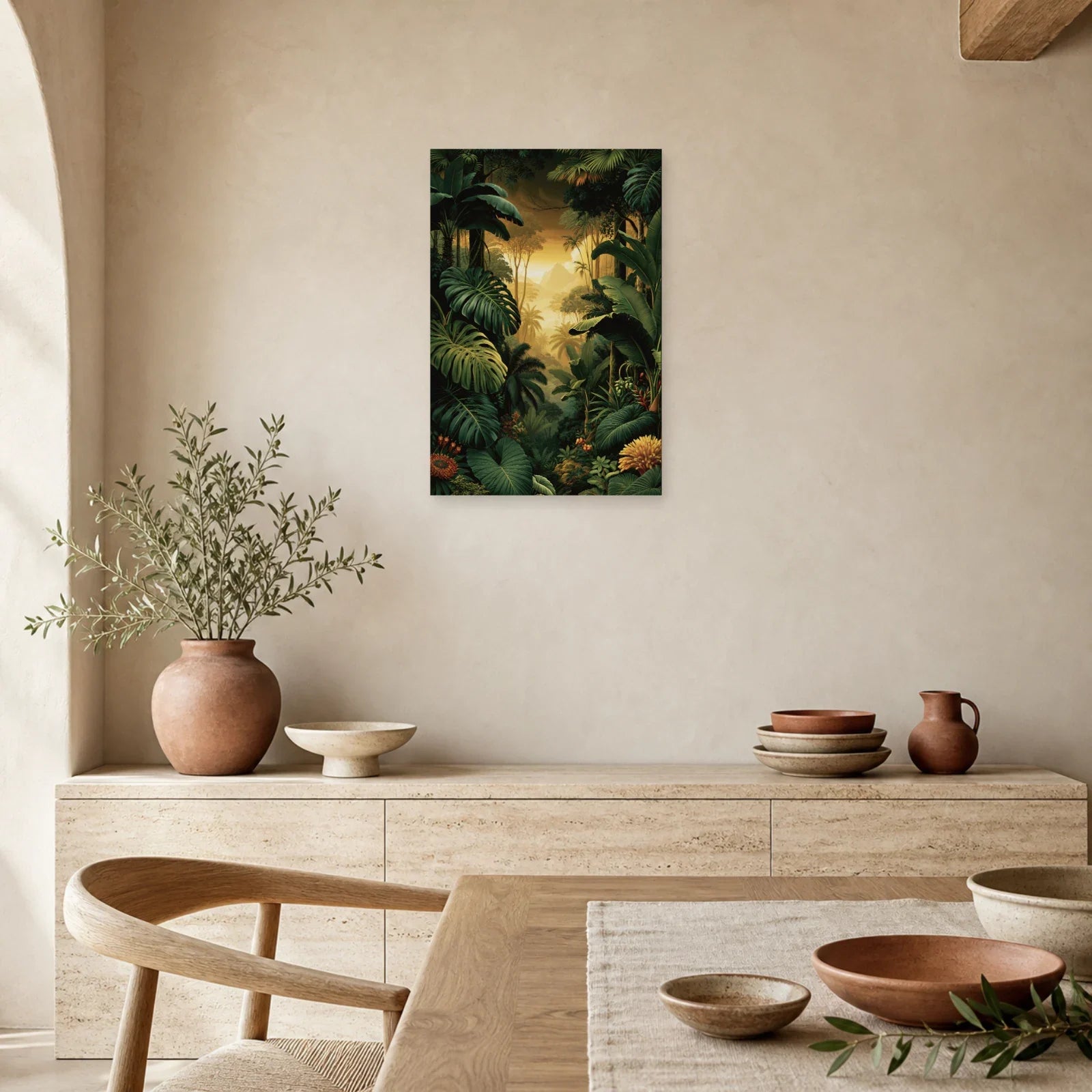 Tableau Jungle XXL Canopée dans une salle a manger lumineuse