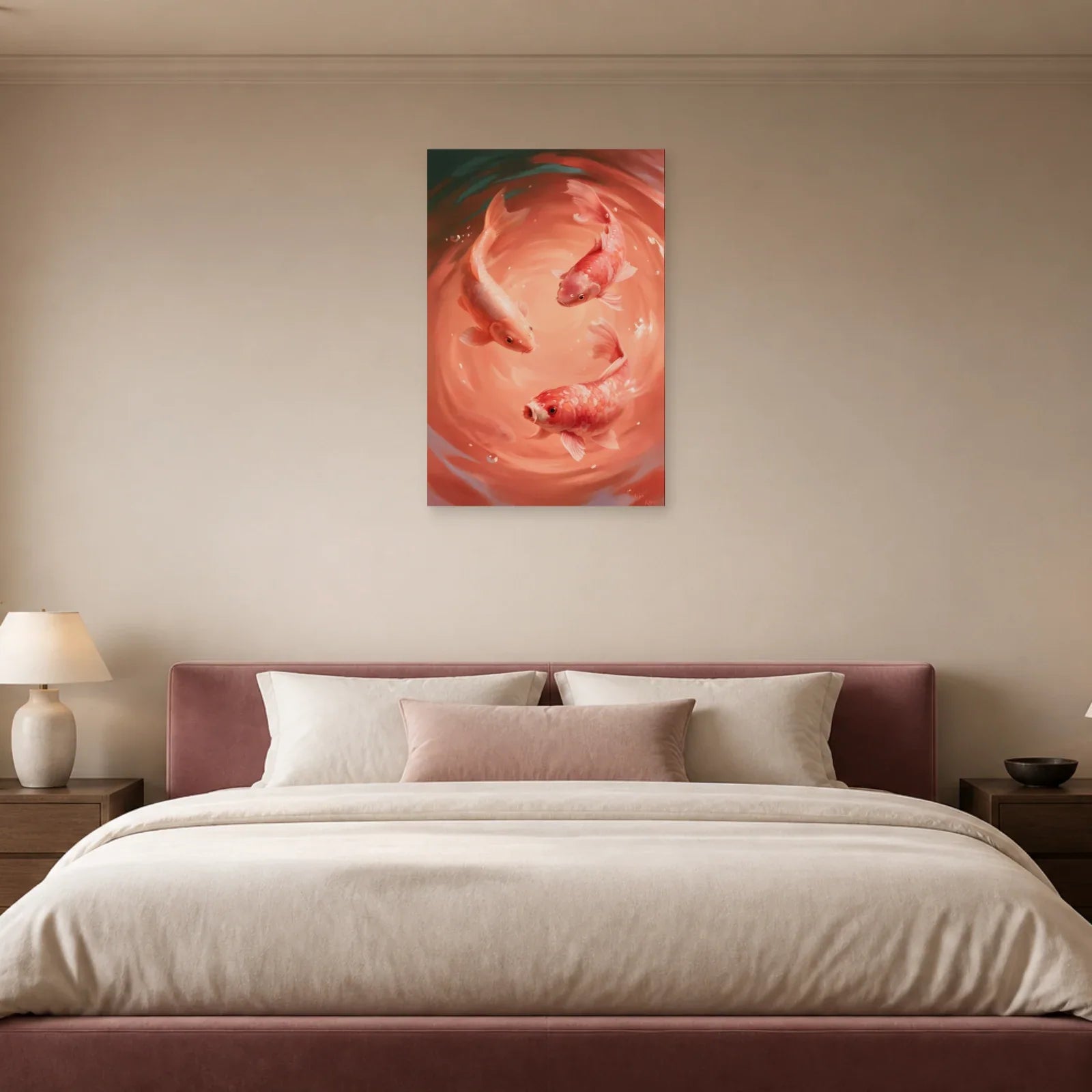 Tableau Koï Rose présenté dans une chambre - Art Virtuoso