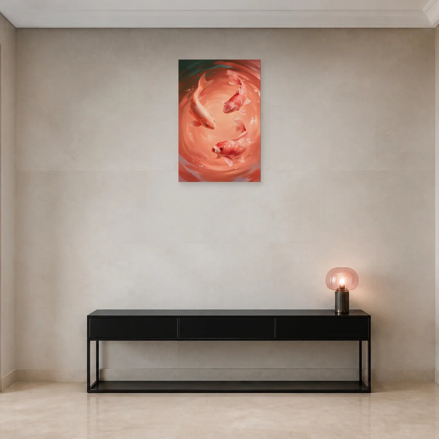 Tableau Koï Rose présenté dans une entrée - Art Virtuoso