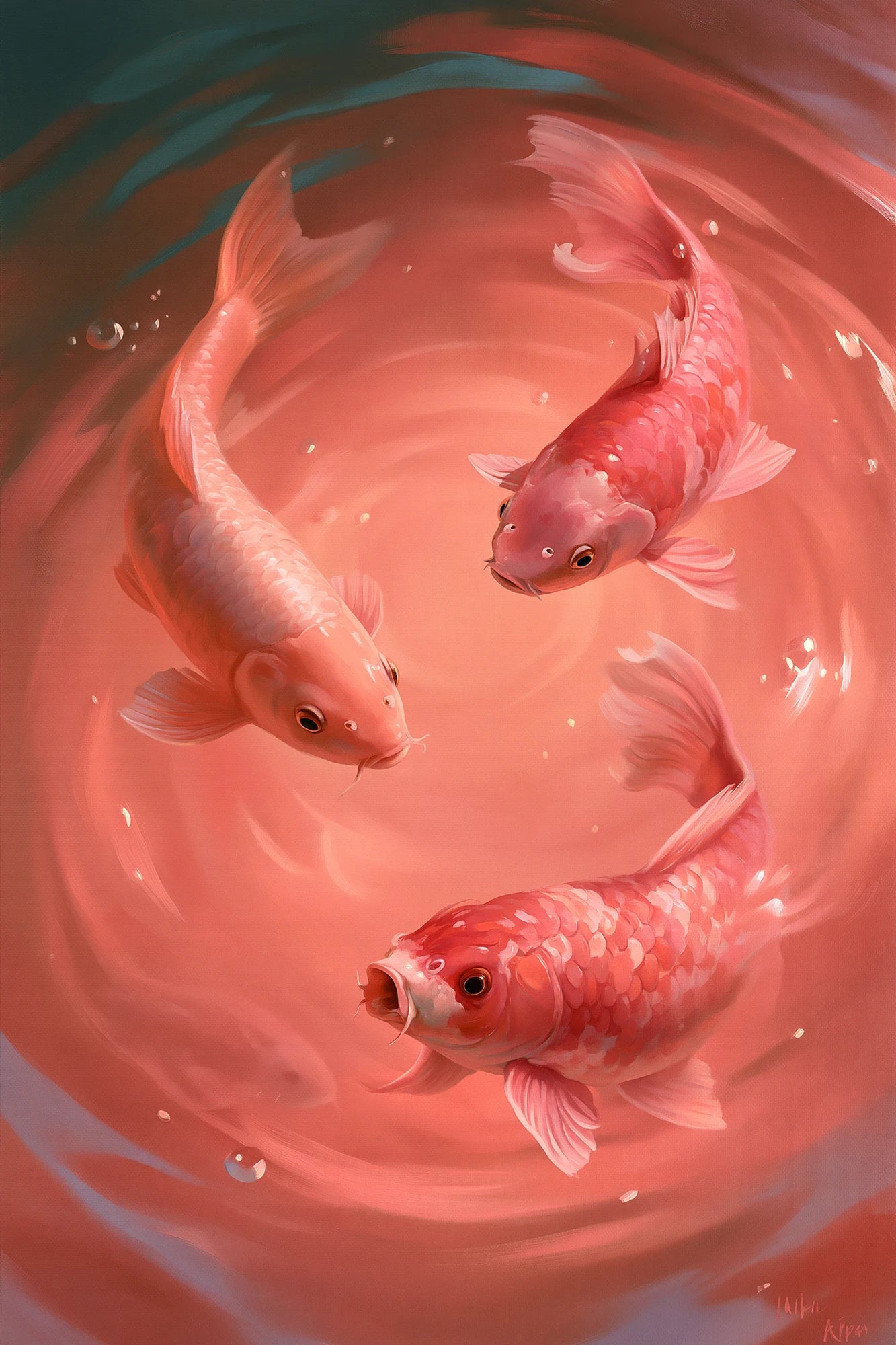 Tableau Koï Rose, des carpes koï vues de dessus dans une eau rose aux reflets fluides, format S - Art Virtuoso