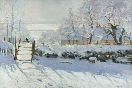 Pie noire sur une barrière dans la neige, toile Monet taille S