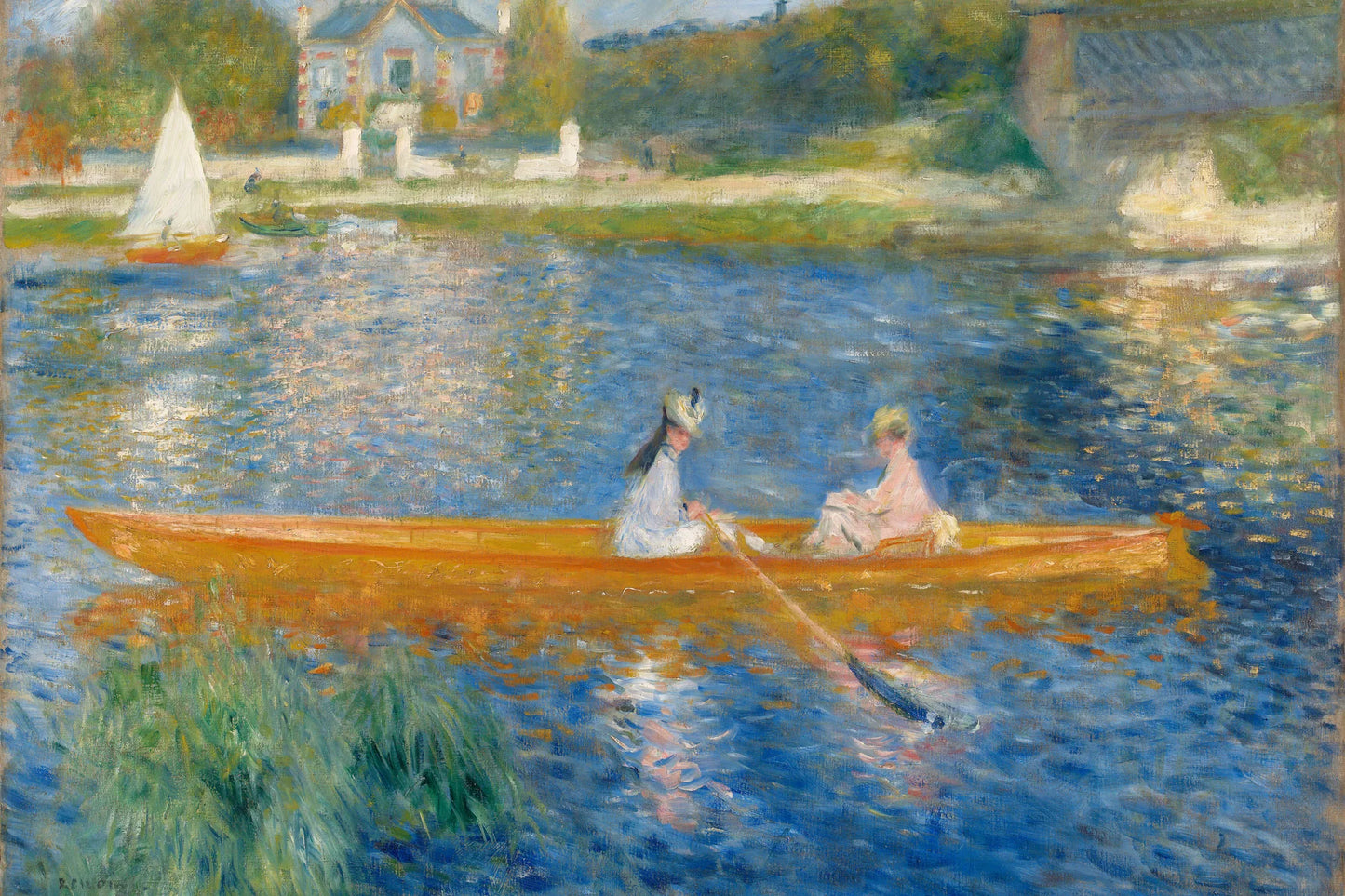 Deux femmes dans une yole orange sur la Seine, toile taille S