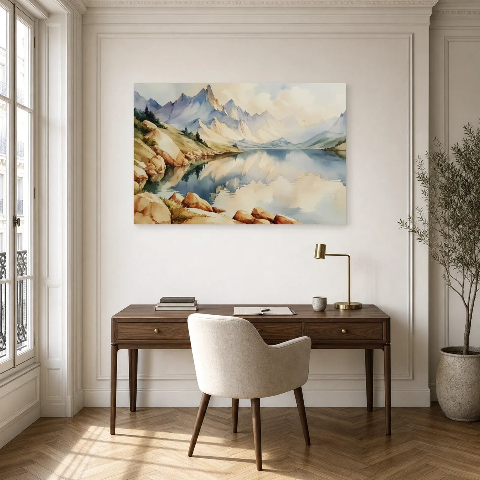 Tableau Lac Montagne Peinture - Reflets Alpins dans un bureau - Art Virtuoso