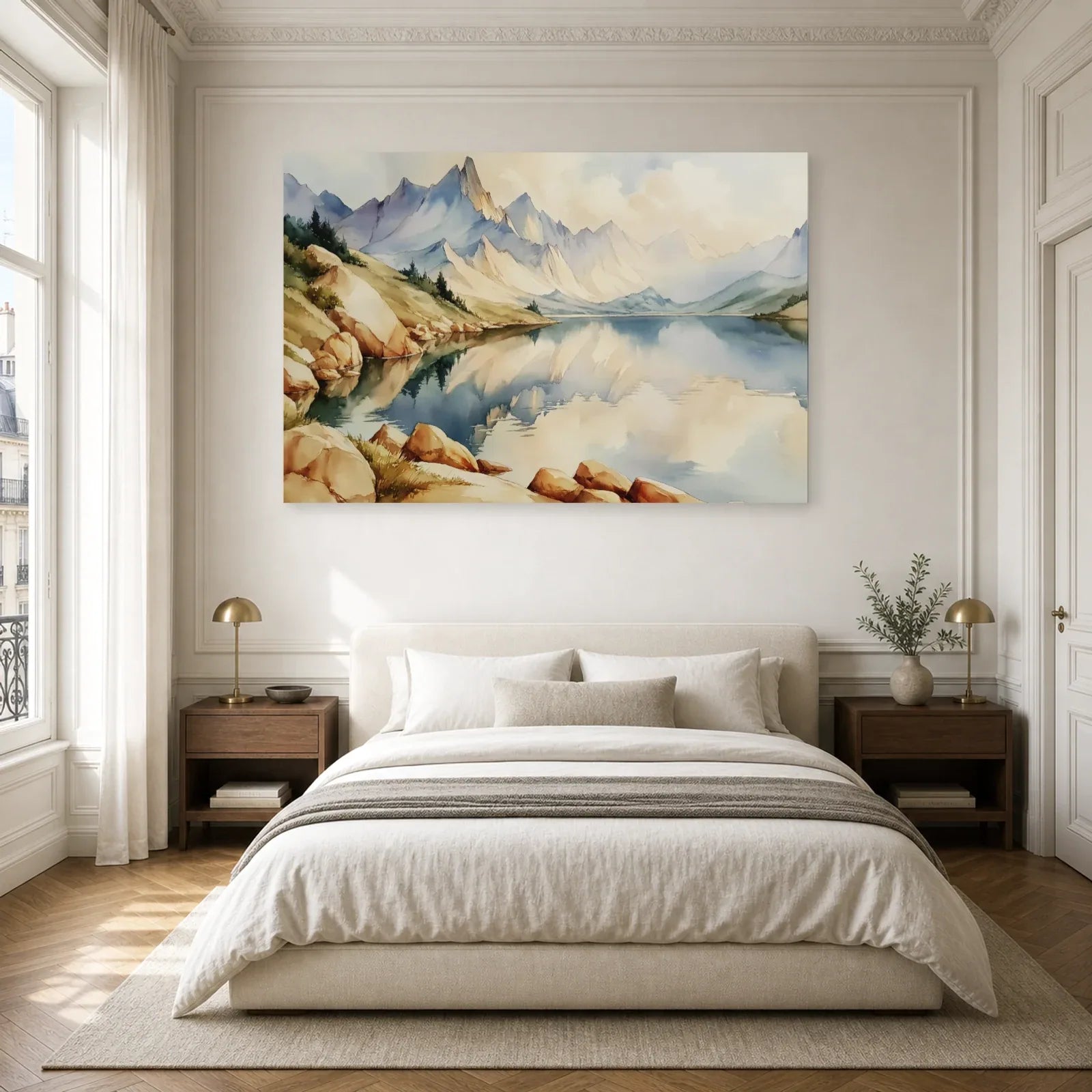 Tableau Lac Montagne Peinture - Reflets Alpins dans une chambre - Art Virtuoso