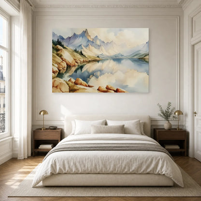 Tableau Lac Montagne Peinture - Reflets Alpins dans une chambre - Art Virtuoso