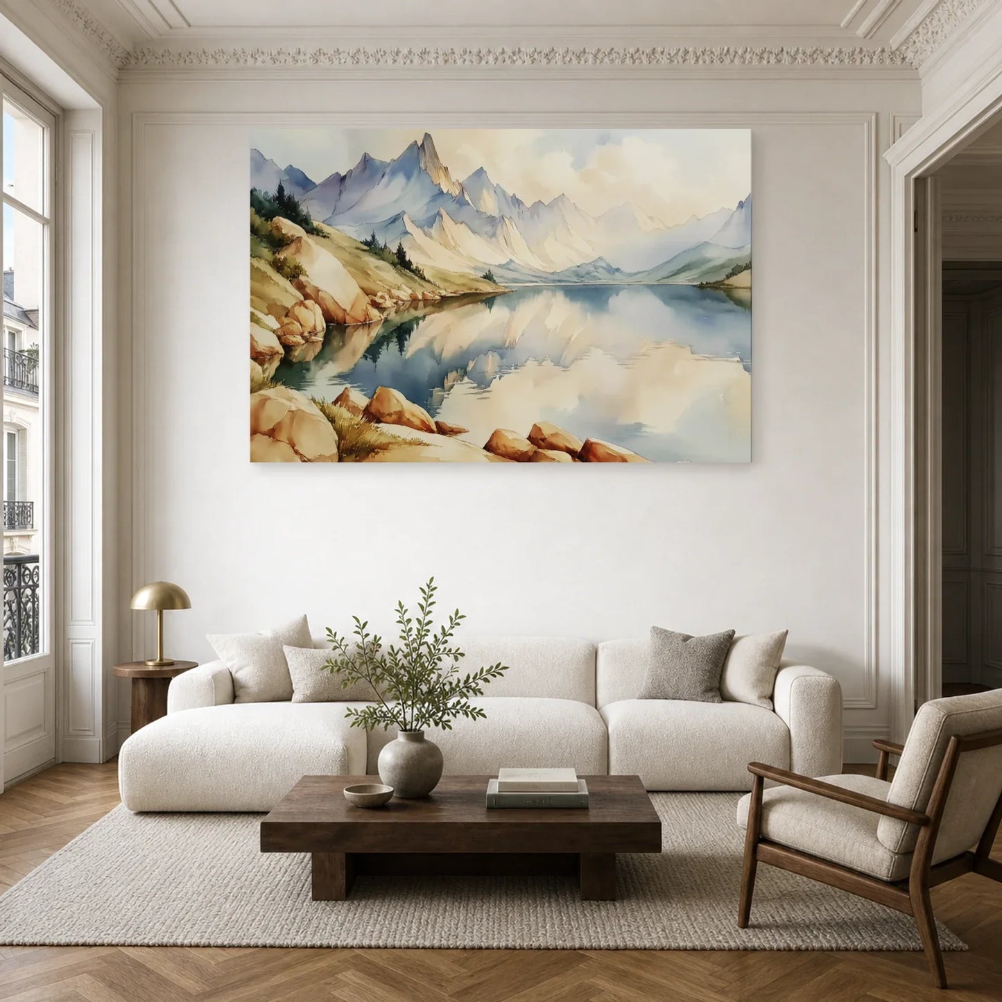 Tableau Lac Montagne Peinture - Reflets Alpins dans un salon - Art Virtuoso