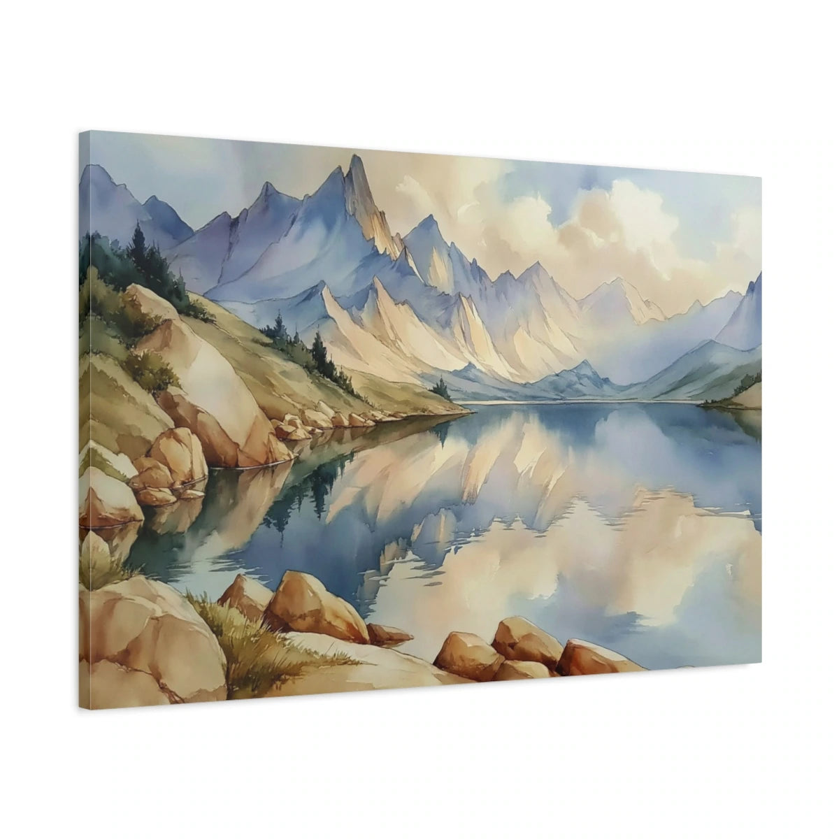 Tableau lac montagne peinture avec sommets bleus et reflets - toile 3D avec bords imprimés visibles