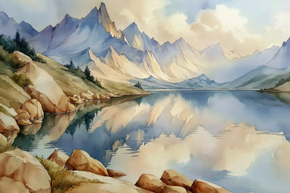 Tableau lac montagne peinture avec sommets bleus et reflets - format XL