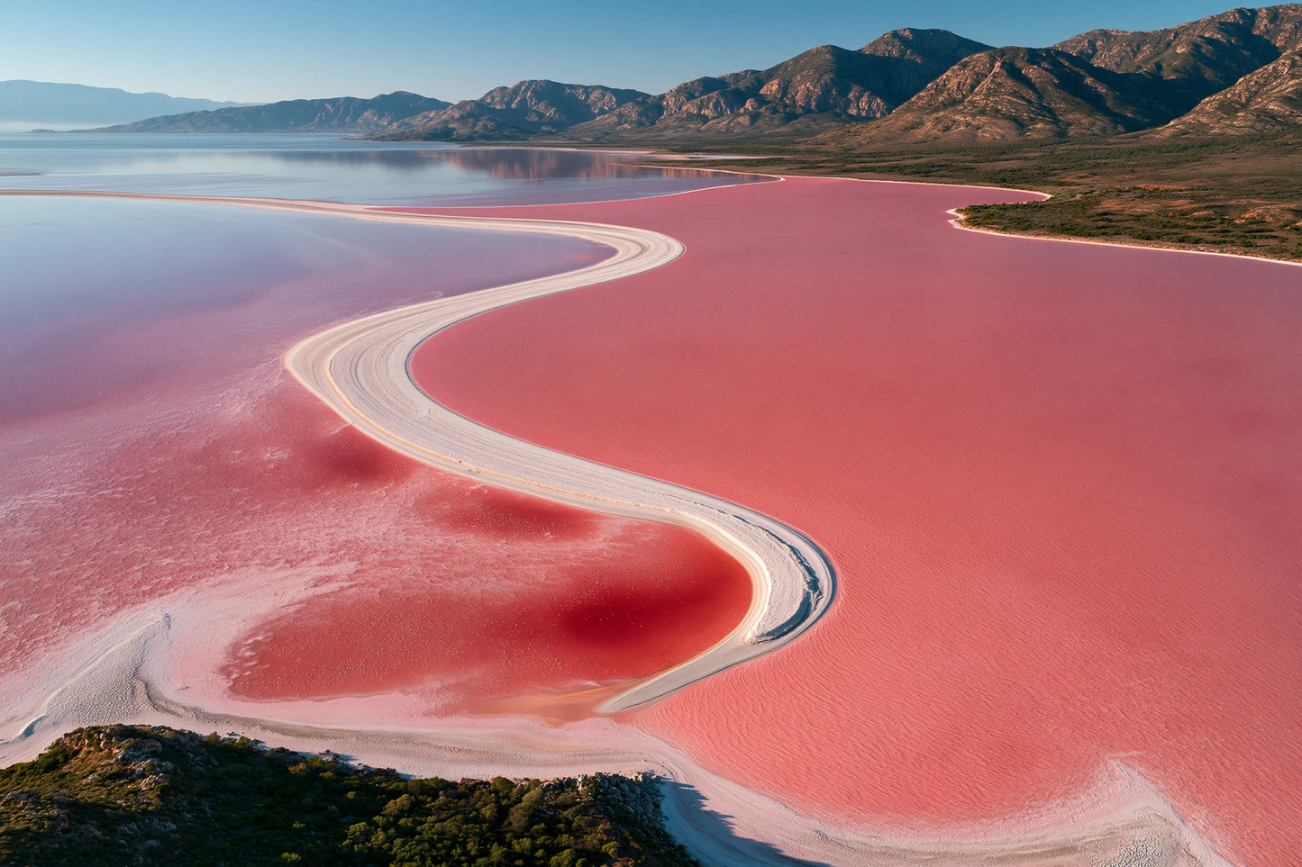 Tableau Lac Rose, un lac salin vu du ciel, parcouru de rives minérales et de nappes roses, format M - Art Virtuoso