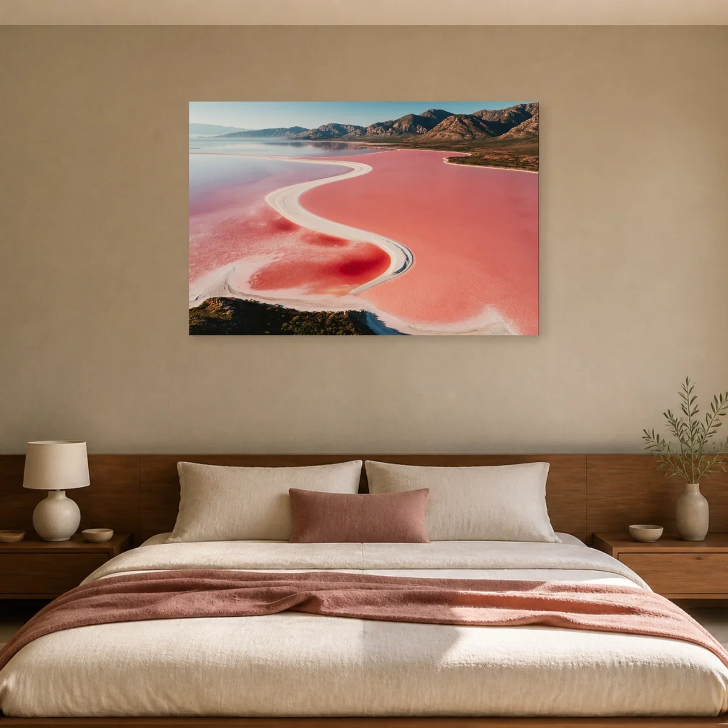 Tableau Lac Rose présenté dans une chambre - Art Virtuoso