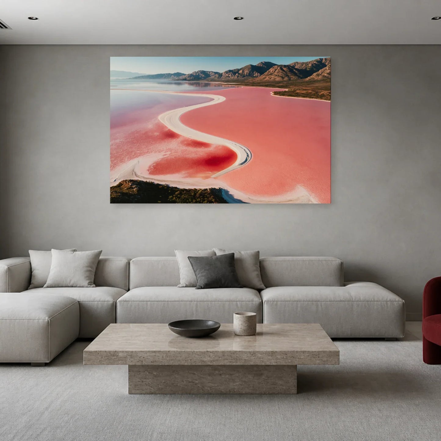 Tableau Lac Rose présenté dans un salon - Art Virtuoso