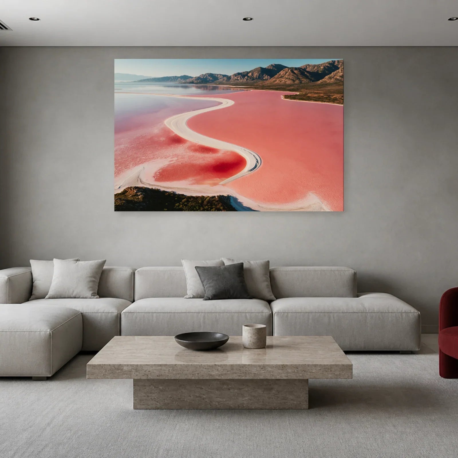 Tableau Lac Rose présenté dans un salon - Art Virtuoso