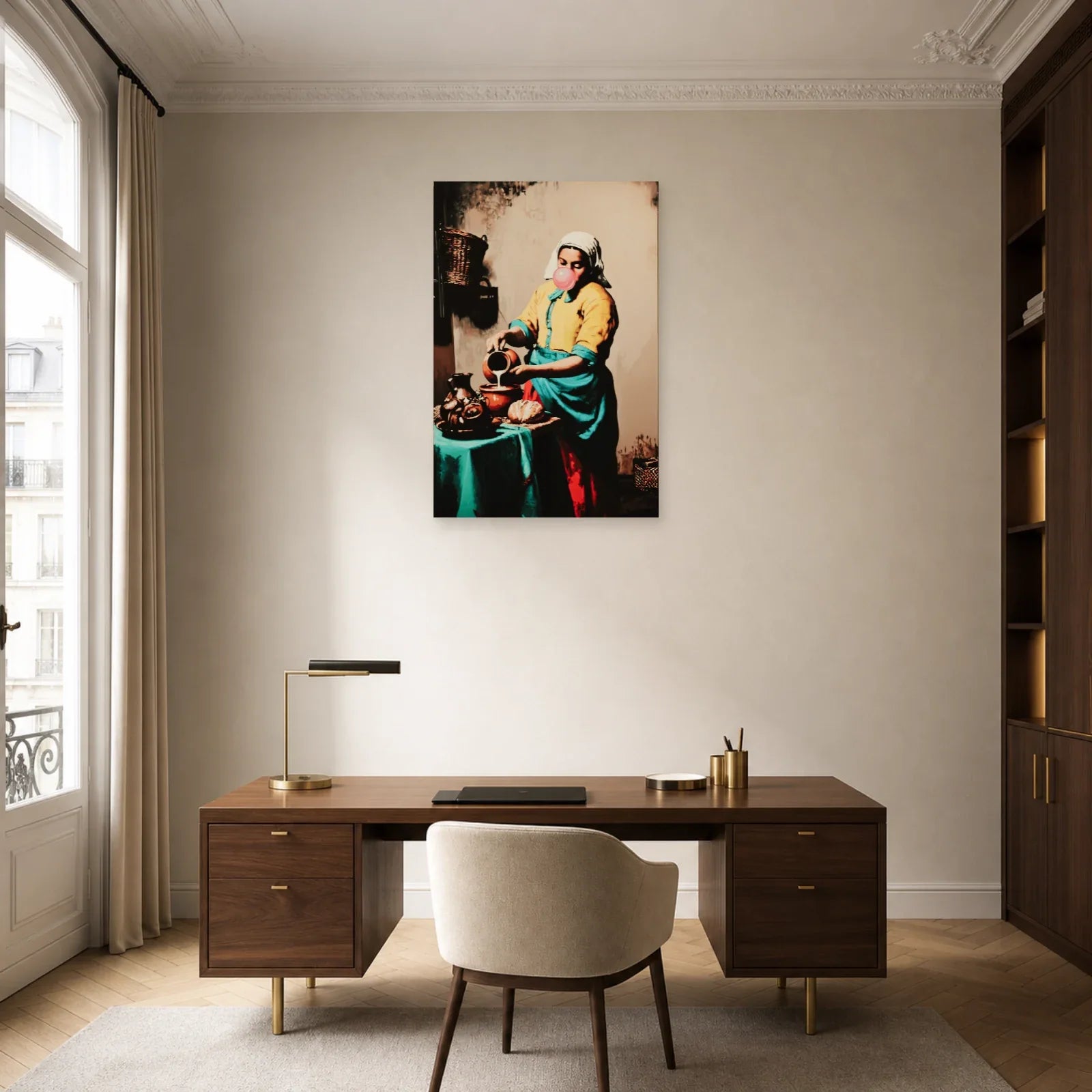 Tableau pop de La Laitière installé dans un bureau contemporain