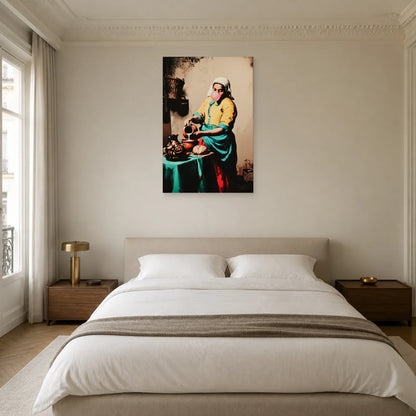 Tableau La Laitière turquoise et jaune présenté dans une chambre