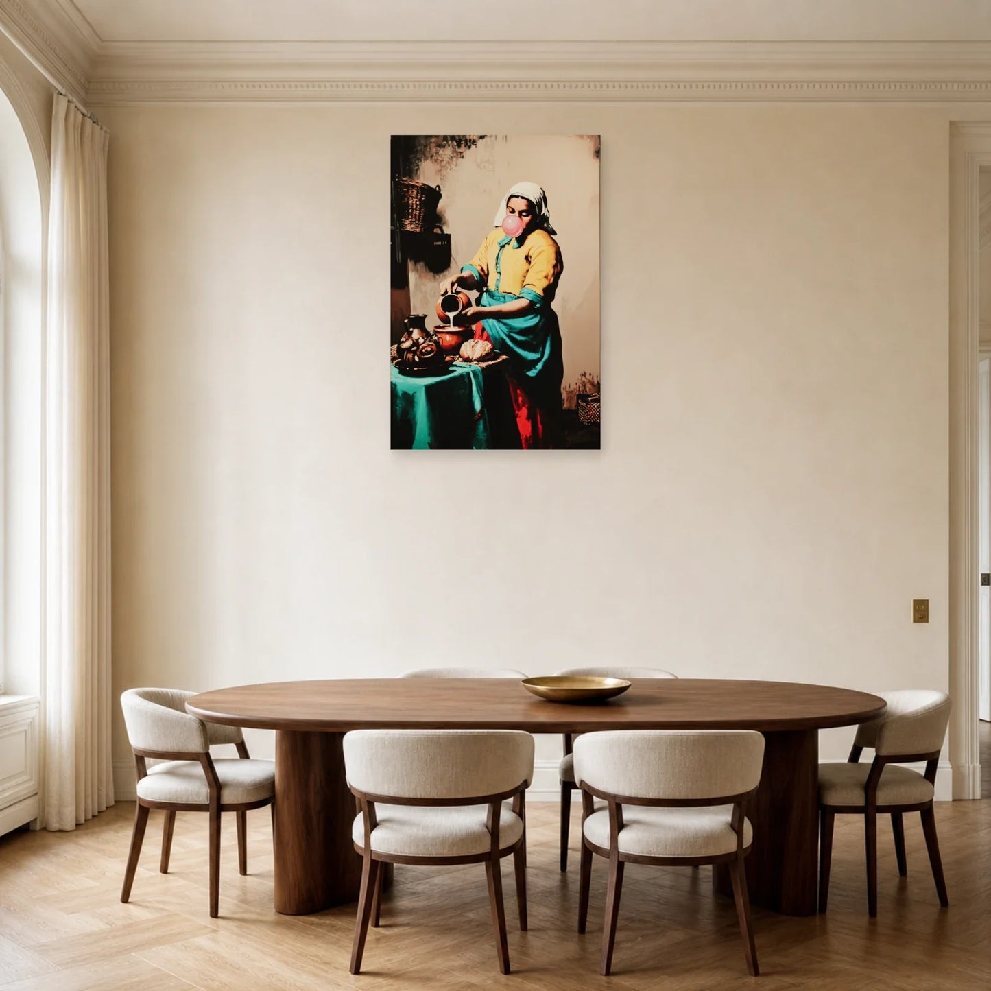 Tableau La Laitière versant du lait dans une salle à manger