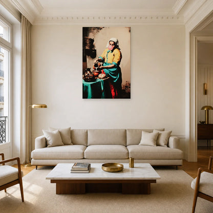Tableau La Laitière avec bulle rose exposé dans un salon chaleureux