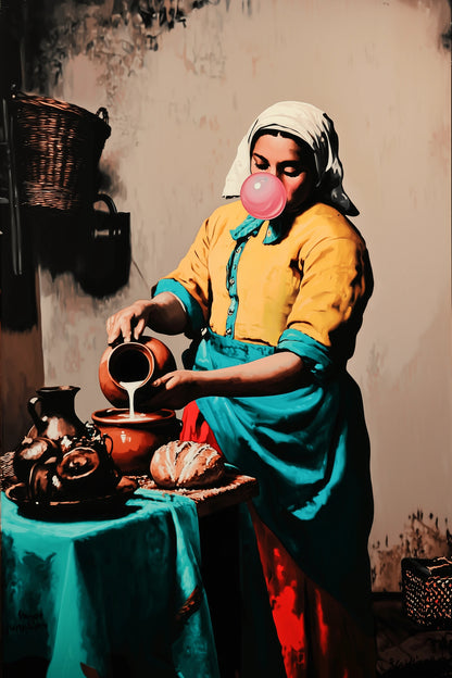 Tableau La Laitière pop art, cruche et bulle rose, format S