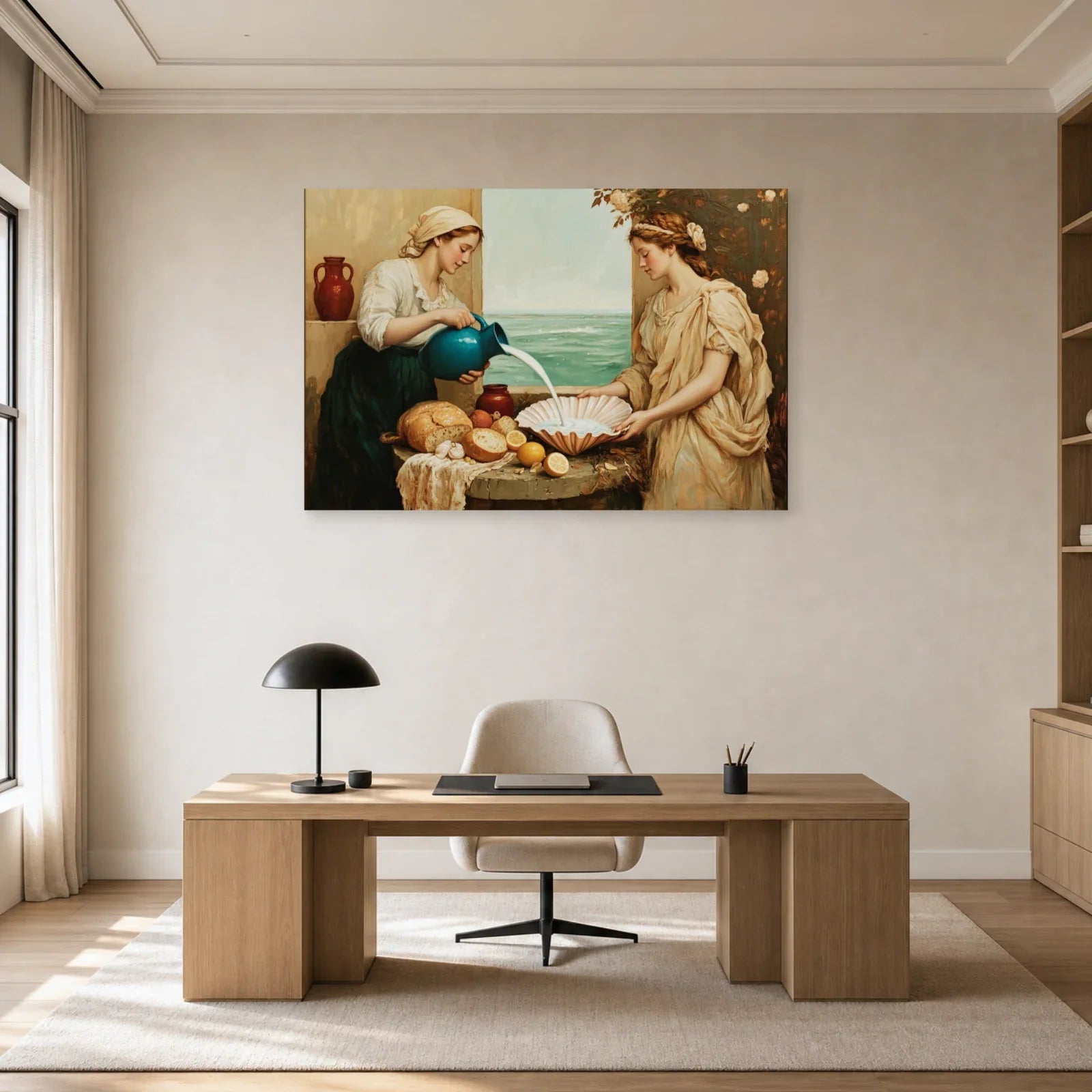 Tableau à la cruche bleue installé dans un bureau lumineux