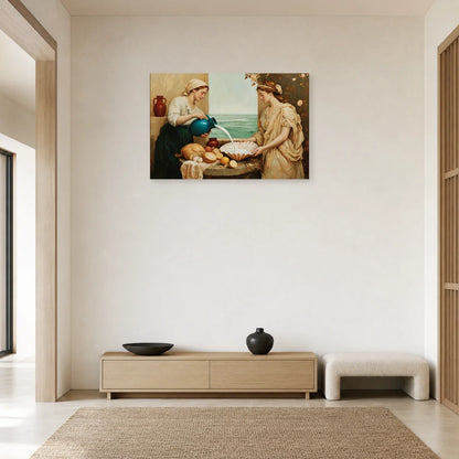 Toile turquoise et ivoire présentée dans une entrée