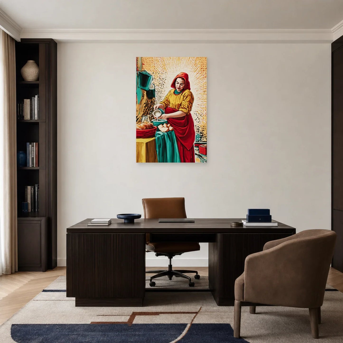 Tableau rouge jaune turquoise installé dans un bureau créatif