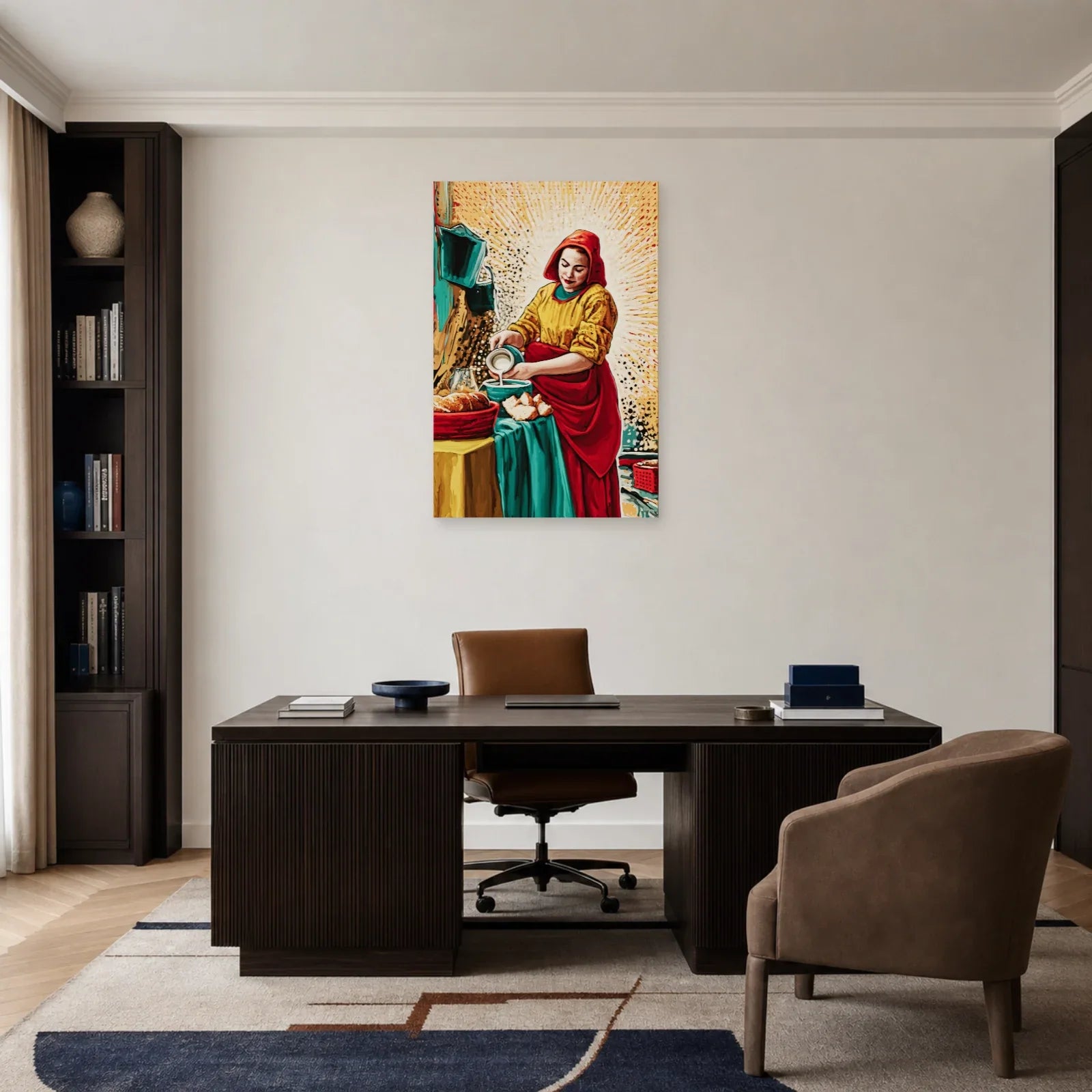 Tableau rouge jaune turquoise installé dans un bureau créatif