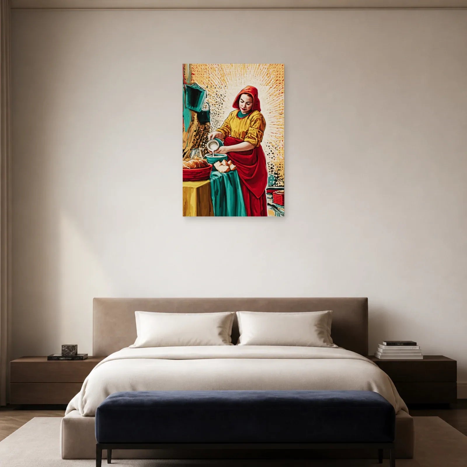 Laitière graphique présentée dans une chambre aux tons chauds