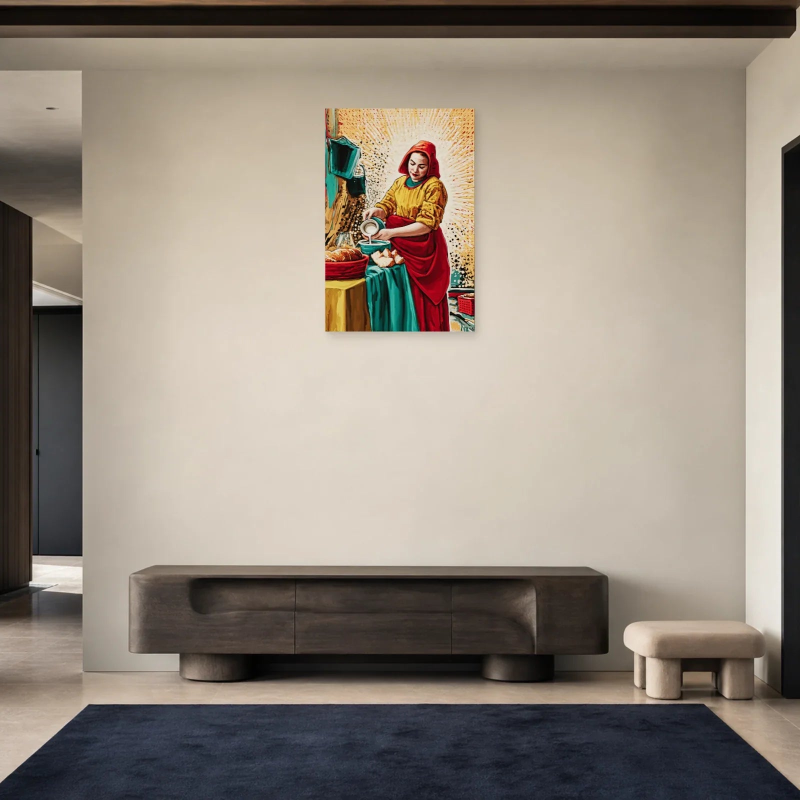 Tableau La Laitière Pop Art placé dans une entrée lumineuse