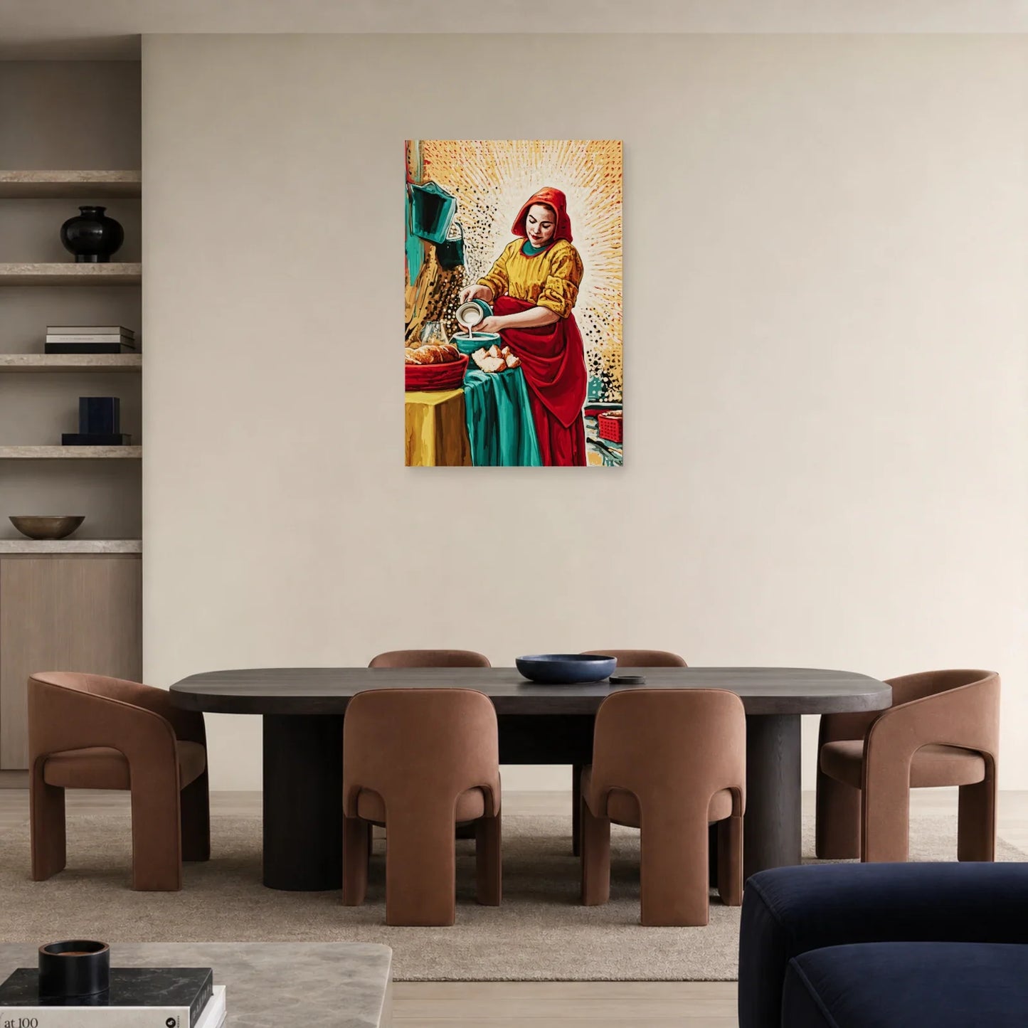 Tableau de la laitière versant du lait dans une salle à manger