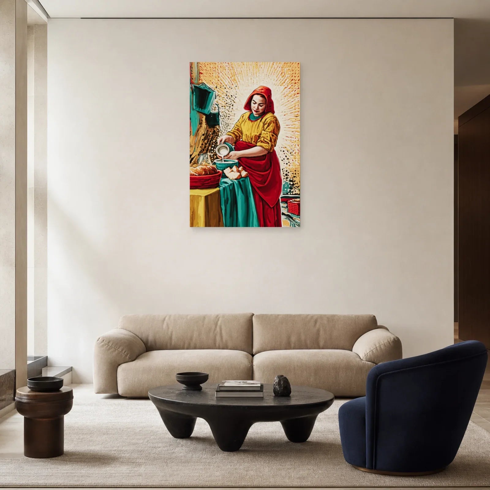 Tableau La Laitière Pop Art exposé dans un salon coloré