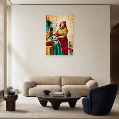 Tableau La Laitière Pop Art exposé dans un salon coloré
