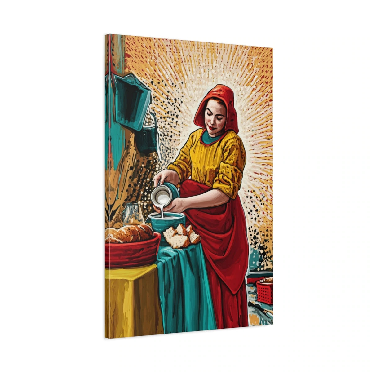 Vue 3D de côté du tableau La Laitière Pop Art rouge et turquoise