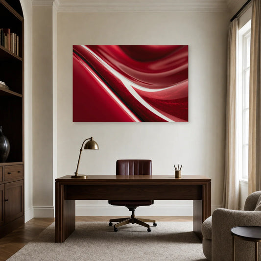 abstraction rouge rubis aux reflets blancs courbes et au sillon noir, présenté dans un bureau aux lignes sobres