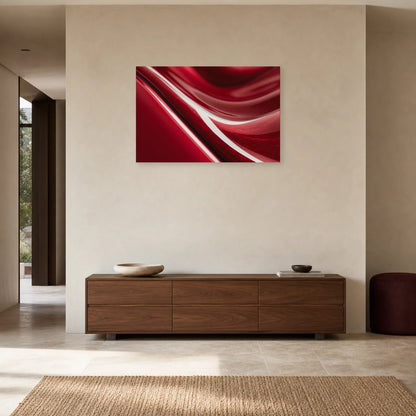 abstraction rouge rubis aux reflets blancs courbes et au sillon noir, présenté dans une entrée épurée