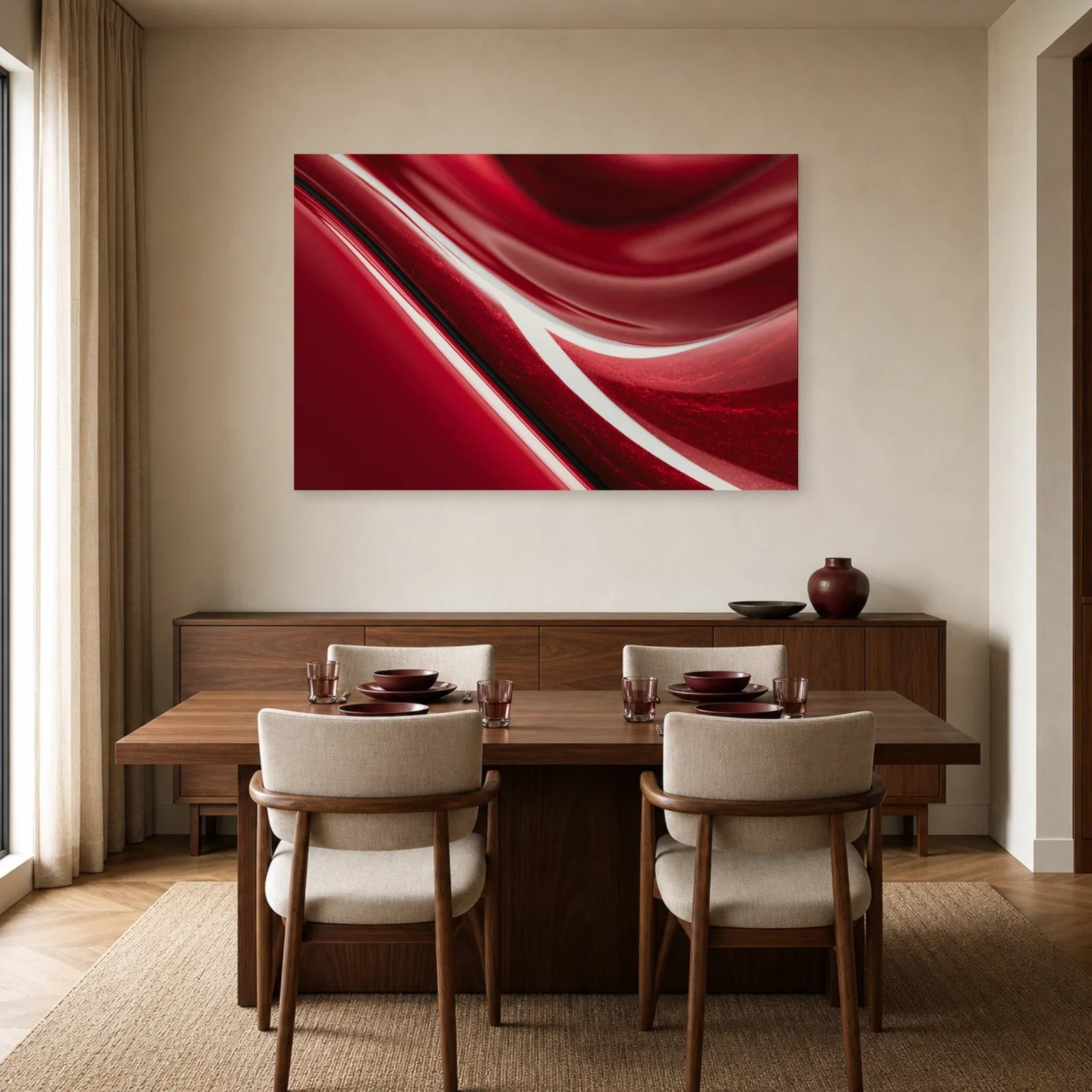 abstraction rouge rubis aux reflets blancs courbes et au sillon noir, présenté dans une salle à manger chaleureuse